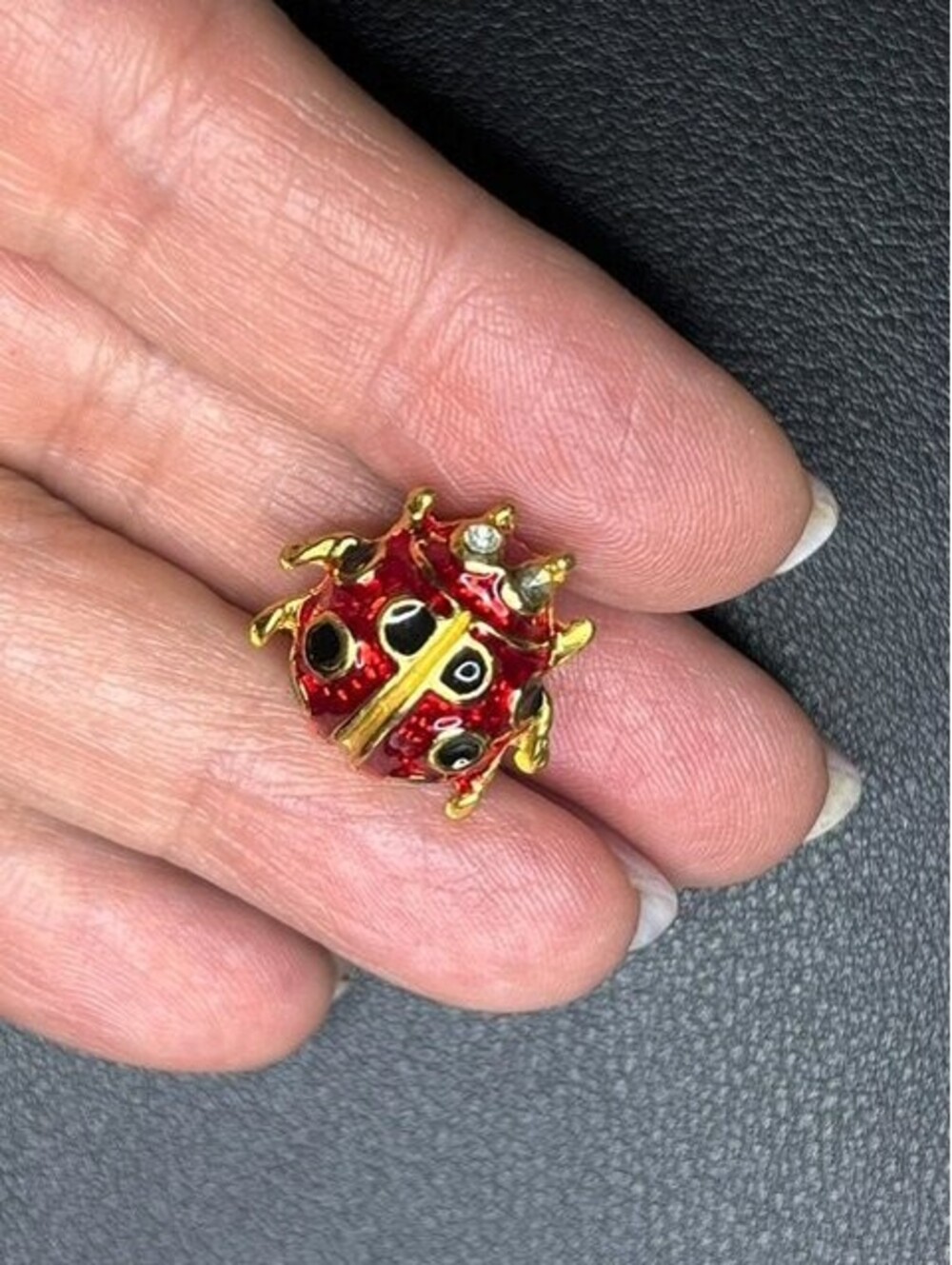 B7541 Cute Ladybug Brooch Pin .75" Red Enamel Rhinestone Gold Tone Insect